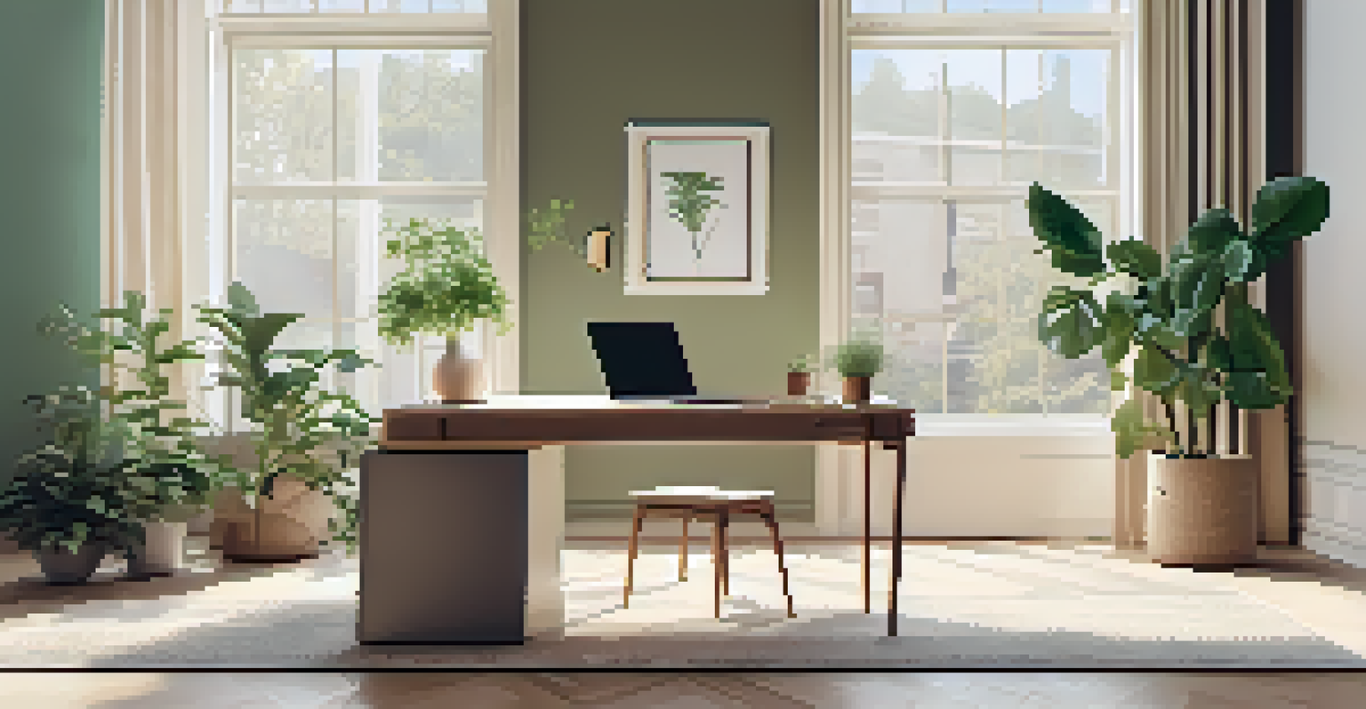 A stylish workspace with a laptop and a potted plant in natural light.