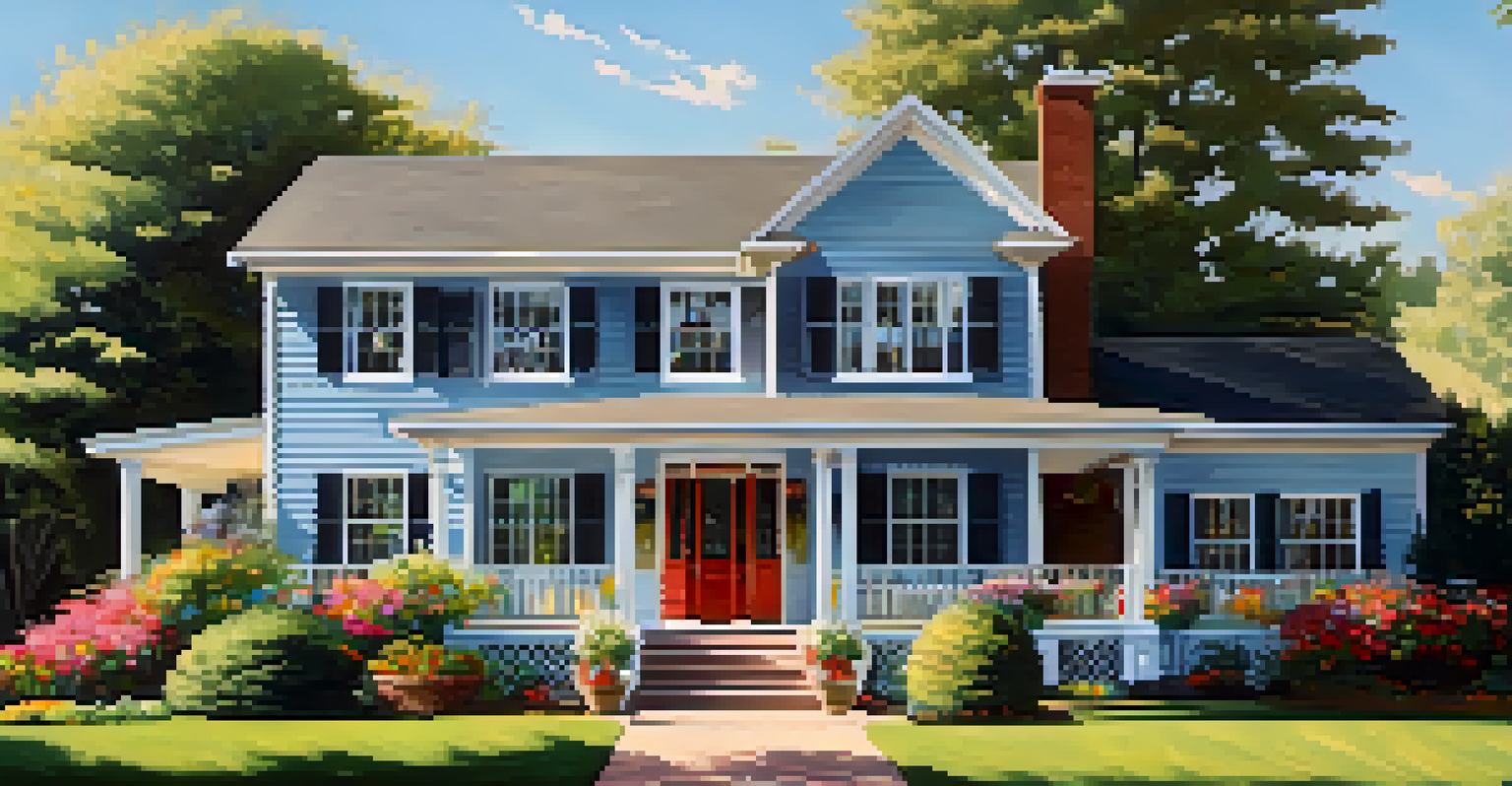 A well-kept home exterior with a beautiful lawn and colorful flower beds under a blue sky.