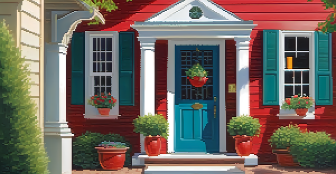 A welcoming front entryway with a pathway, colorful plants, and a bright red door.