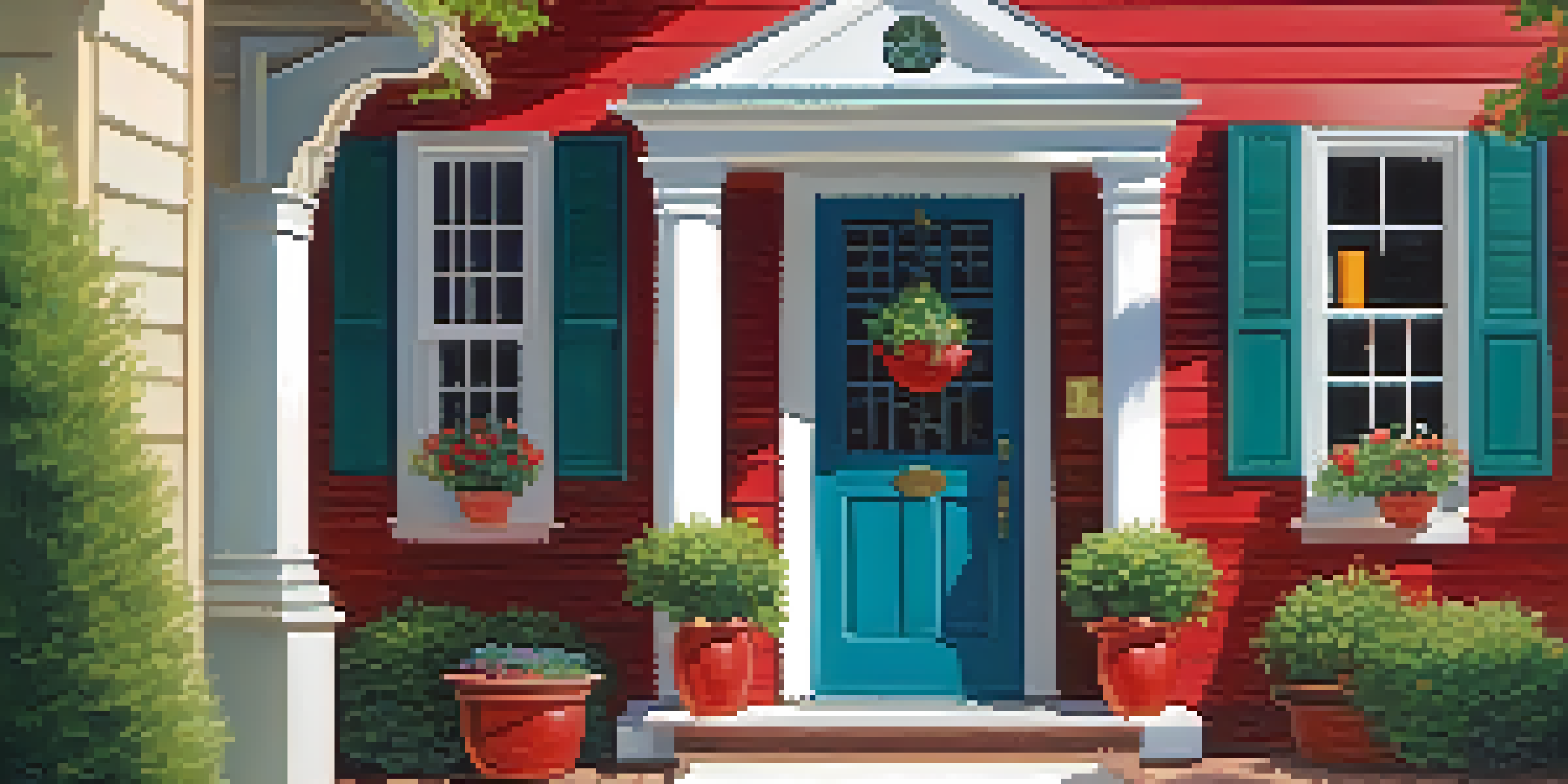 A welcoming front entryway with a pathway, colorful plants, and a bright red door.