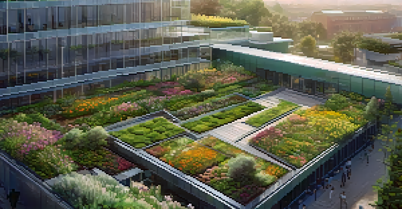 Aerial view of an extensive green roof with plants and a pathway, bathed in warm sunlight.