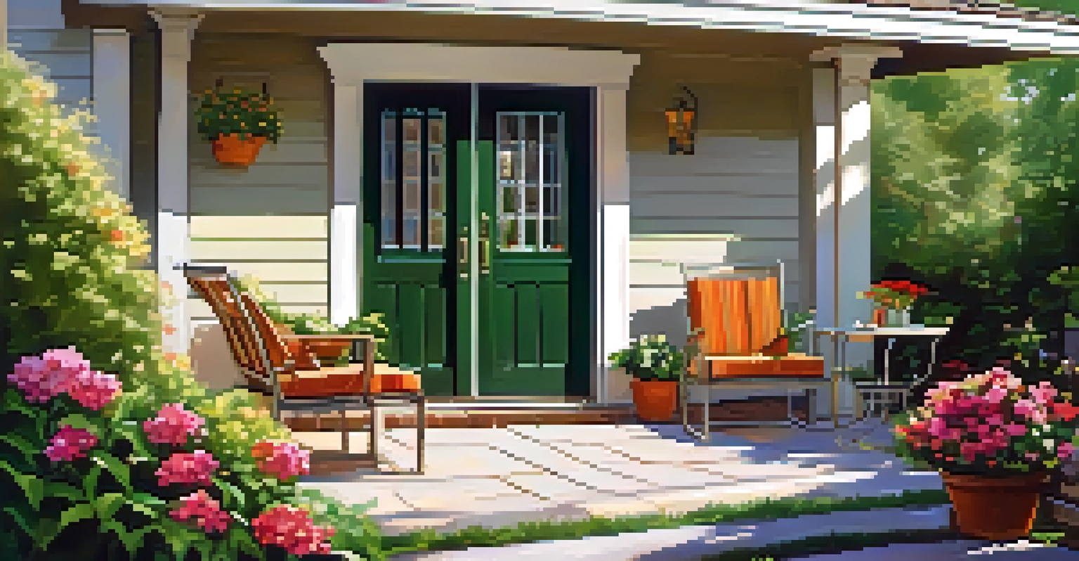 A cozy outdoor patio with chairs, a table, and colorful flowers in a well-kept garden.