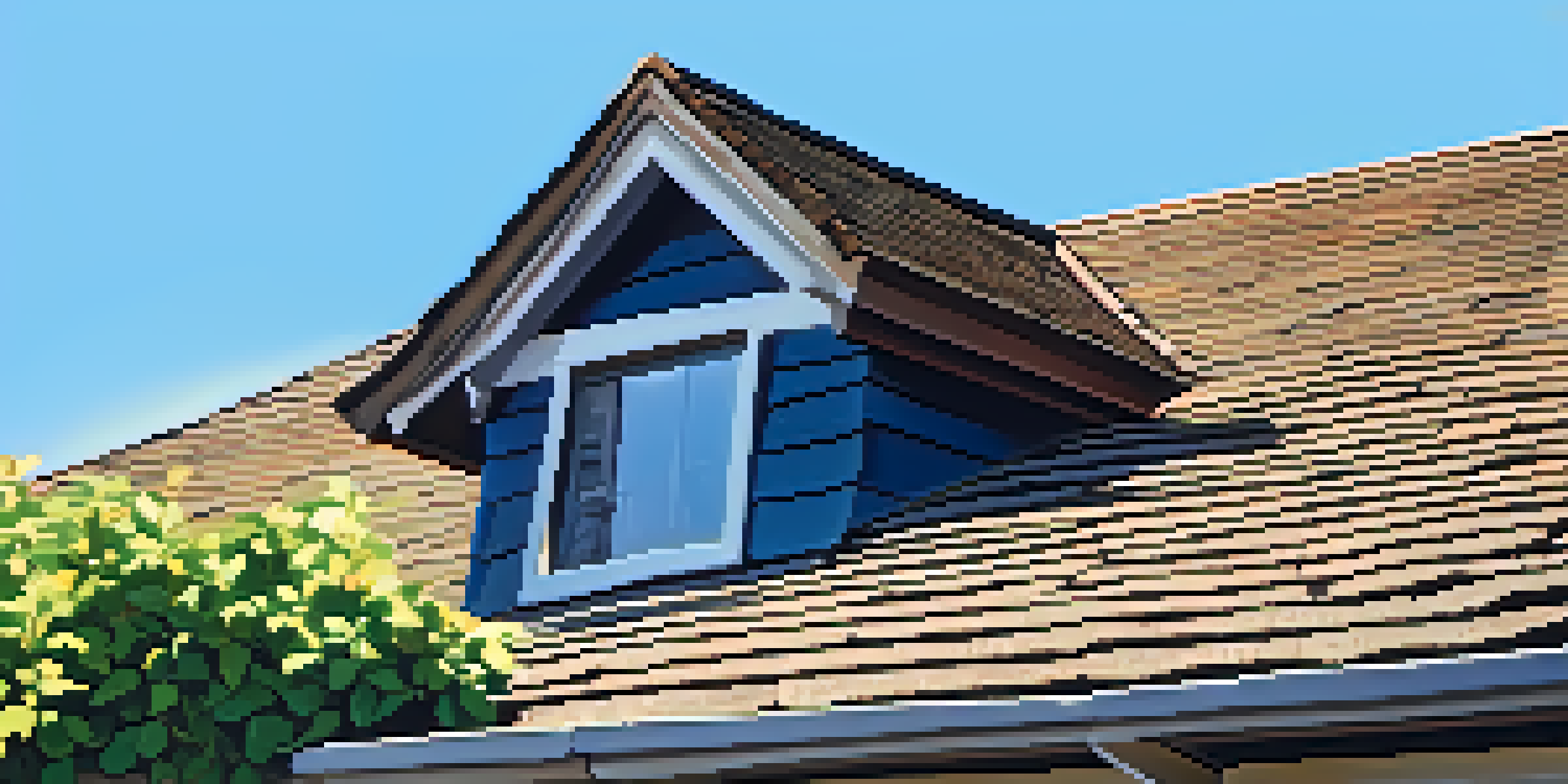 A close-up view of a well-maintained roof with green leaves and a blue sky in the background, emphasizing the texture of the shingles.