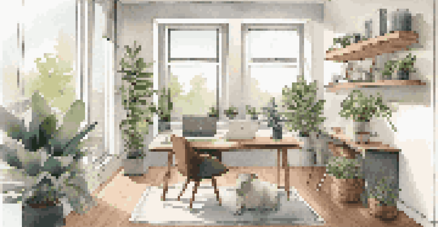A stylish modern apartment interior designed for remote work, showcasing a cozy workspace with natural light.