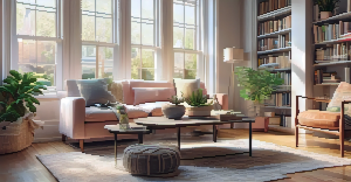 A cozy living room with a modern sofa, coffee table, and large windows letting in natural light.