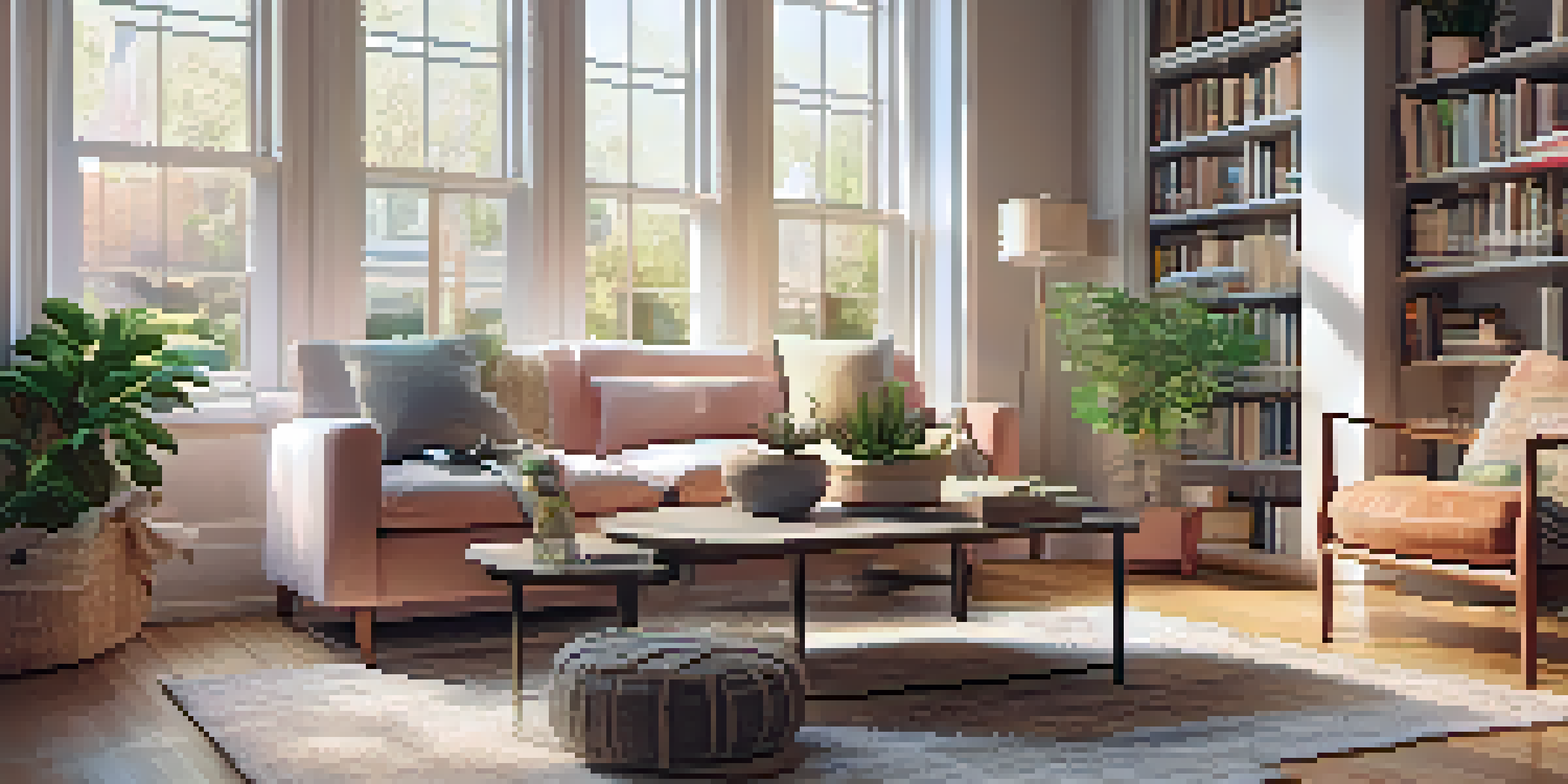 A cozy living room with a modern sofa, coffee table, and large windows letting in natural light.