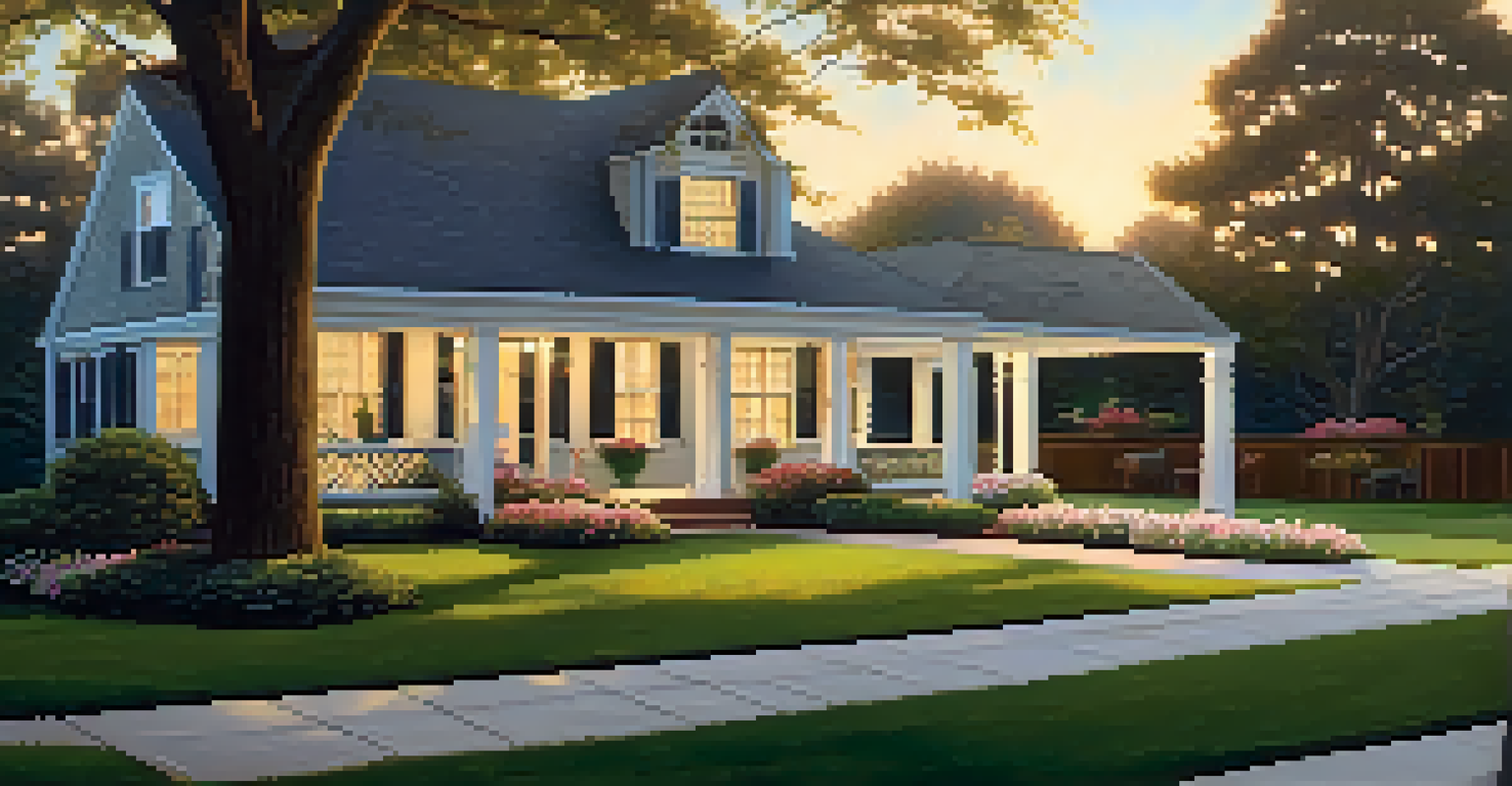 A charming suburban home with a manicured lawn and a swing on the front porch, illuminated by the golden hour sun.