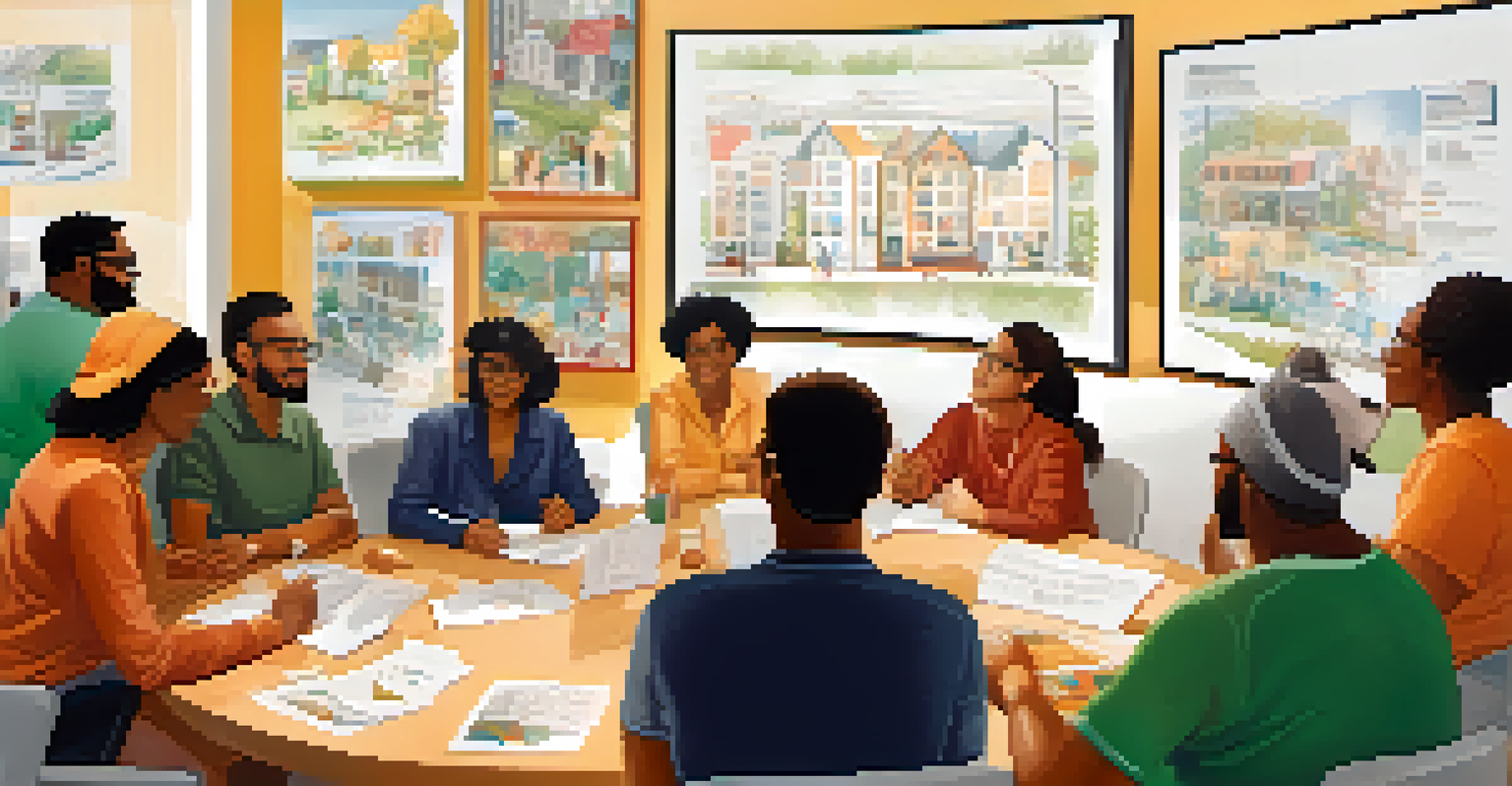 A community meeting focused on housing affordability, with diverse participants and a facilitator presenting ideas in a bright room.