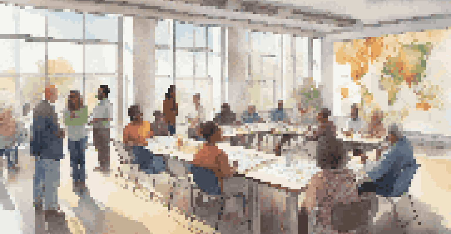 A community meeting with diverse residents discussing zoning changes in a bright room.