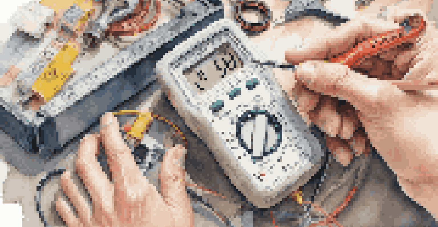 Close-up of a home inspector's hands using a multimeter near a wall socket in a partially renovated living room.