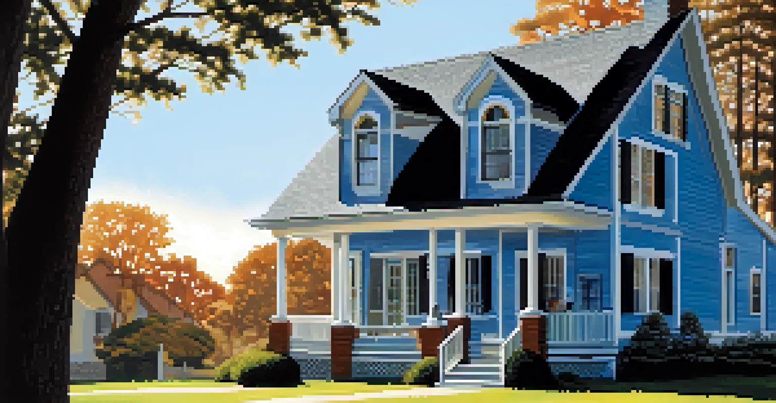 A person inspecting the roof of a house while holding a notepad, with a blue sky and trees in the background.