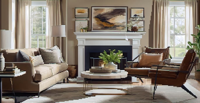 A warm and inviting living room with cozy furniture and soft lighting, designed to attract home buyers.