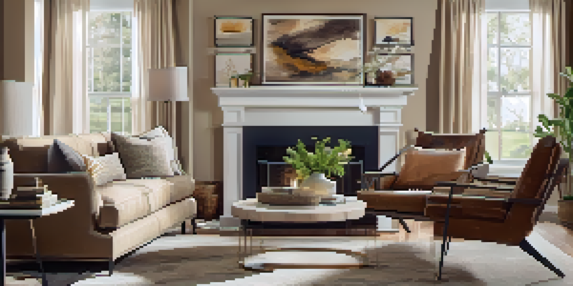 A warm and inviting living room with cozy furniture and soft lighting, designed to attract home buyers.