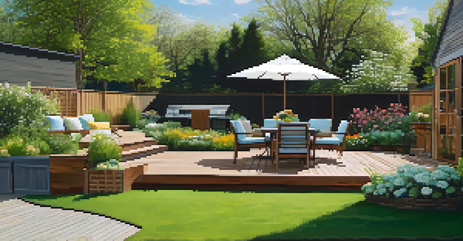 A beautifully landscaped backyard in spring, with flowers, grass, and a wooden deck.