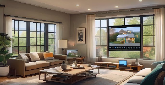 A cozy living room with a smartphone displaying a home security app, warm lighting, and a view of the neighborhood through a large window.
