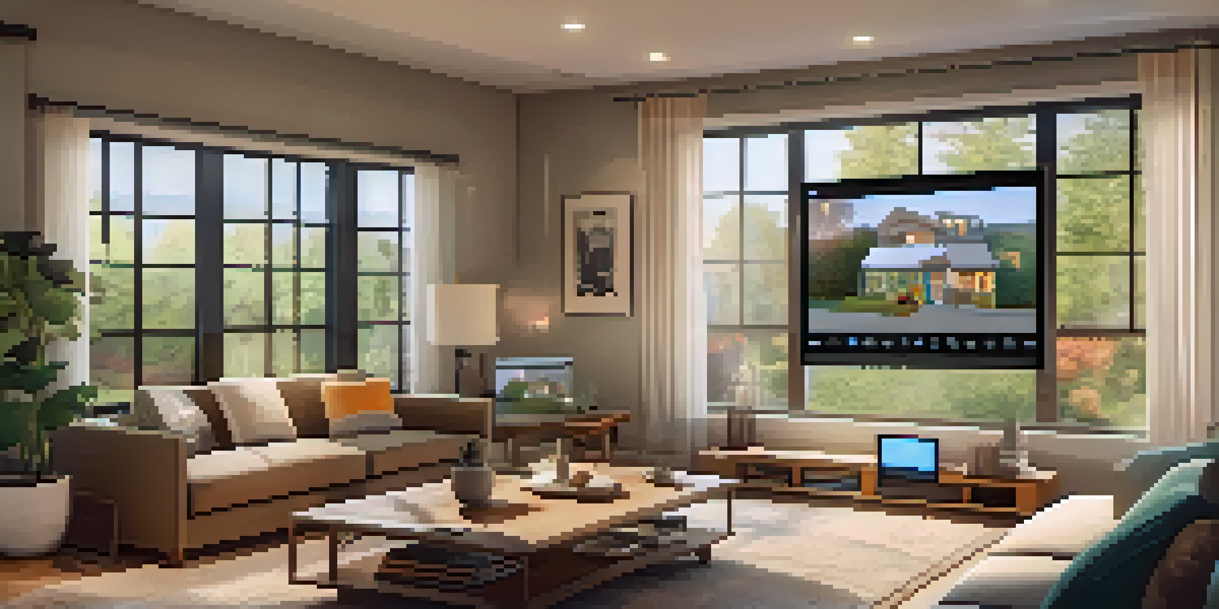 A cozy living room with a smartphone displaying a home security app, warm lighting, and a view of the neighborhood through a large window.