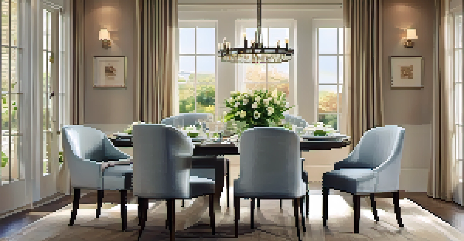 An inviting dining area with a set table, warm lighting, and a view of a garden.