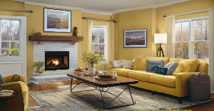 A warm living room featuring a fireplace, refrigerator, washing machine, and a brochure about home warranties, with family photos on the walls.
