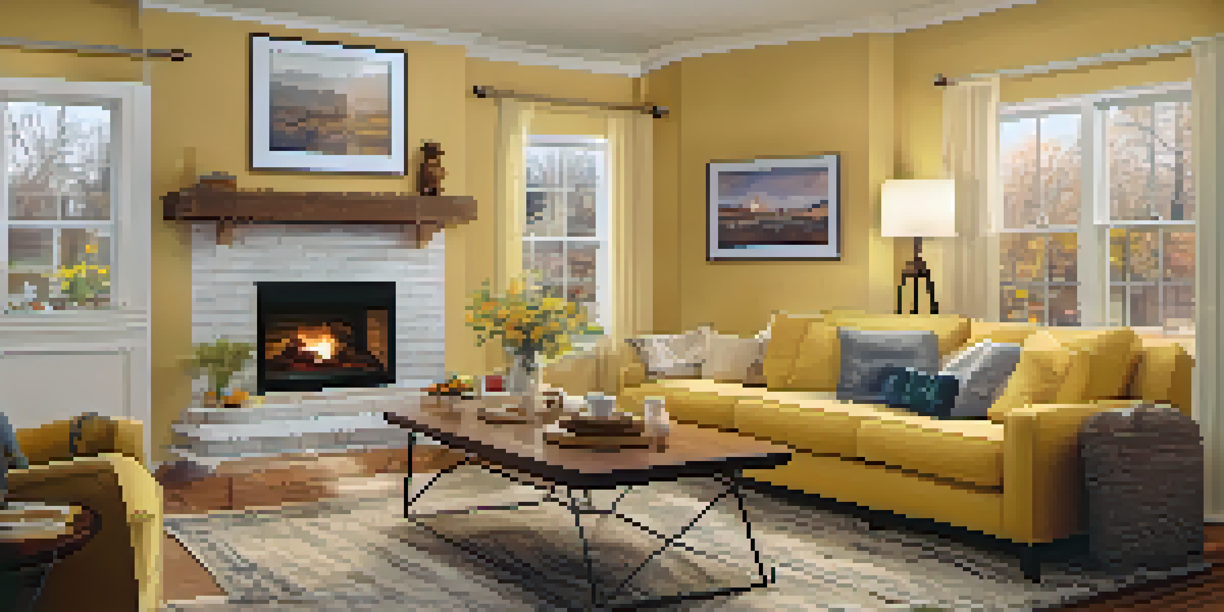 A warm living room featuring a fireplace, refrigerator, washing machine, and a brochure about home warranties, with family photos on the walls.