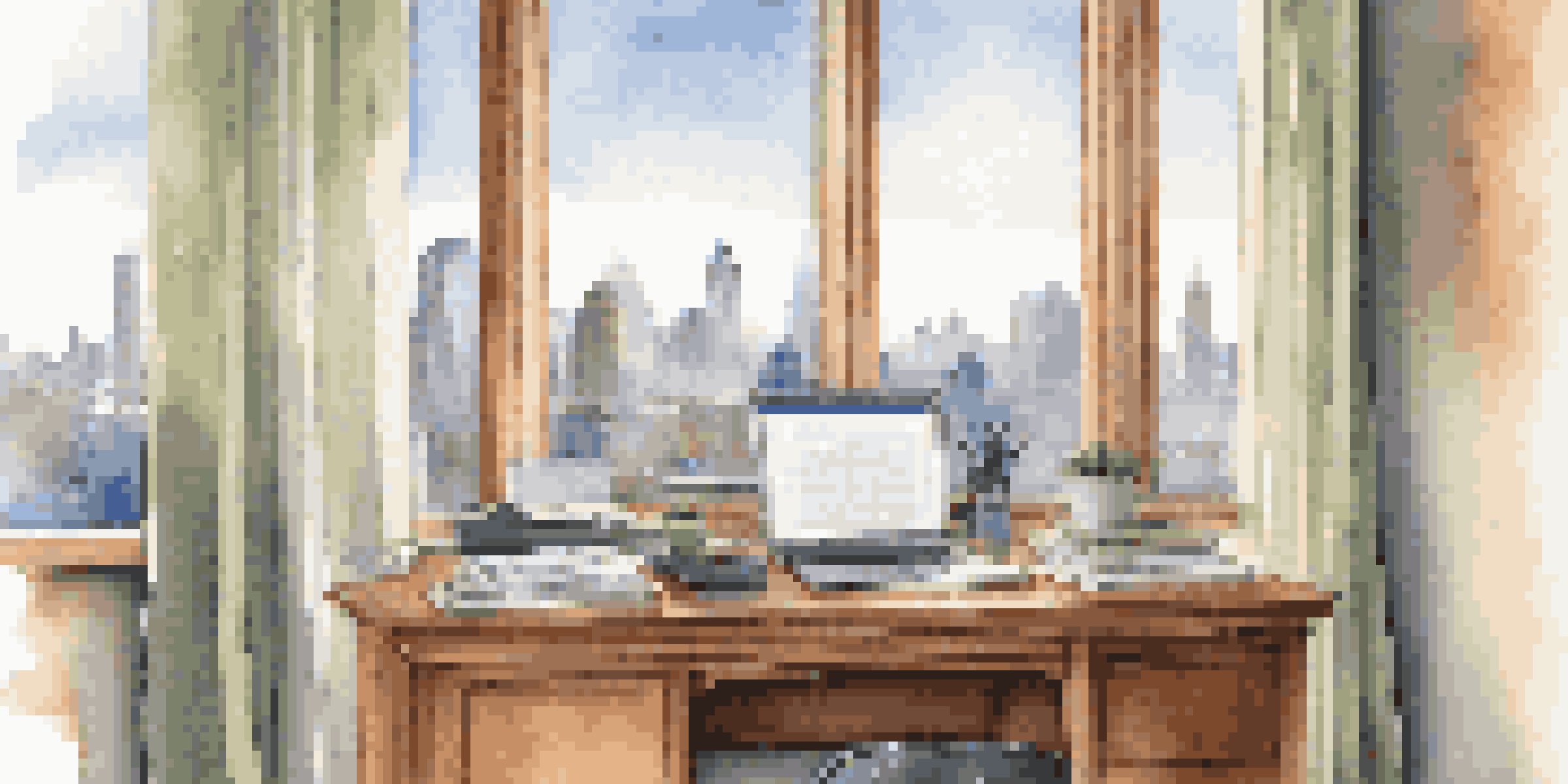 An office with a wooden desk and a laptop showing a contract, with a view of a city skyline through a window, illuminated by soft natural light.