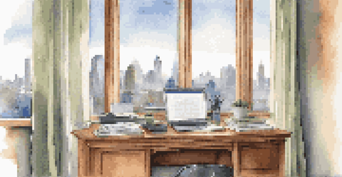 An office with a wooden desk and a laptop showing a contract, with a view of a city skyline through a window, illuminated by soft natural light.