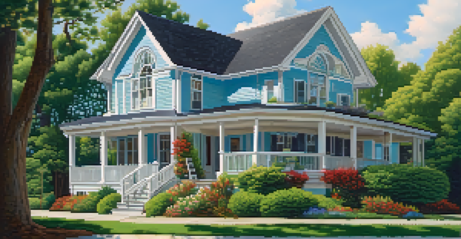 A homeowner inspecting gutters on a house while standing on a ladder, surrounded by green landscaping under a blue sky.