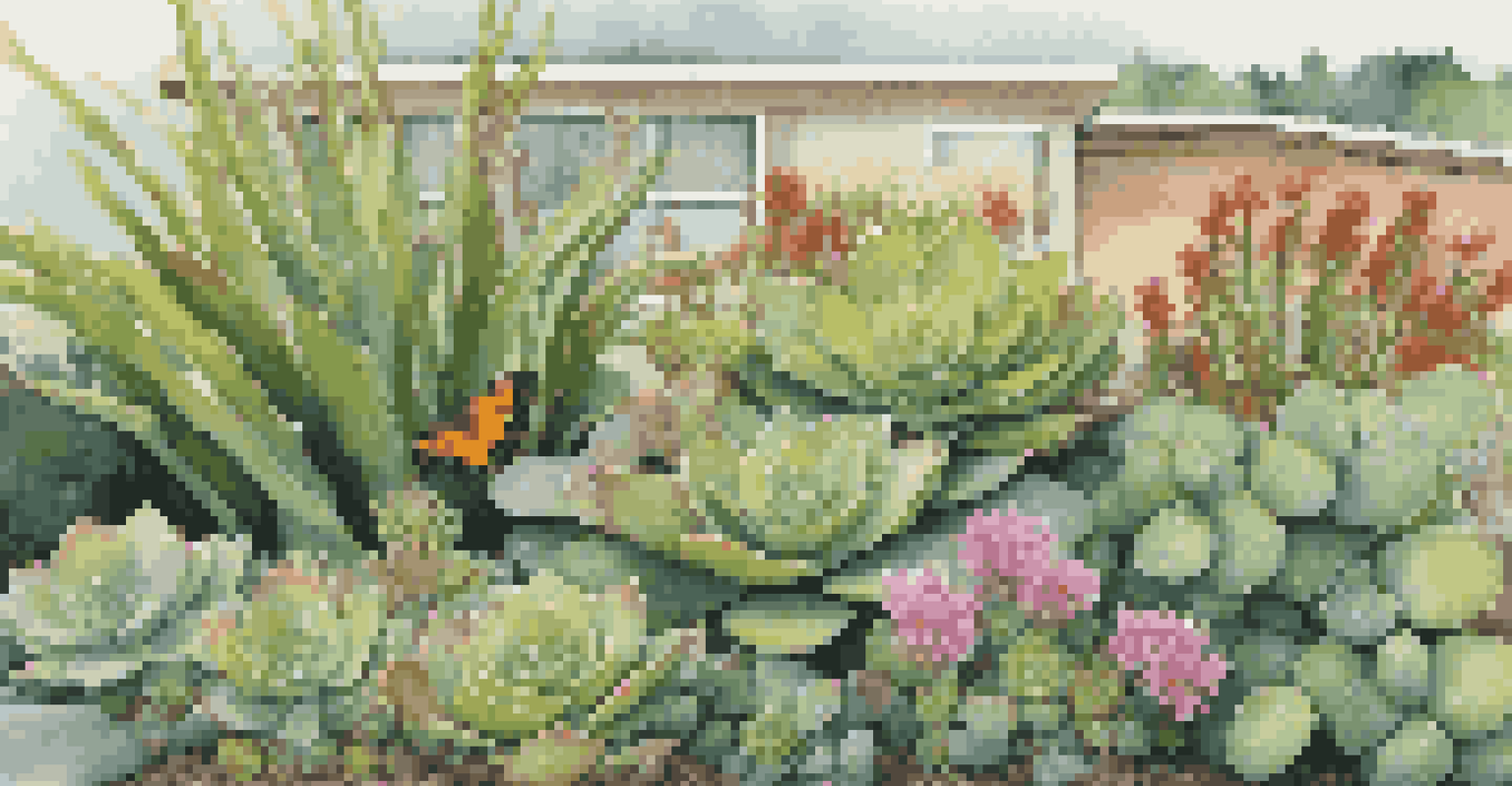 Close-up of a green roof with diverse native plants and a butterfly resting on a flower, glistening in morning light.