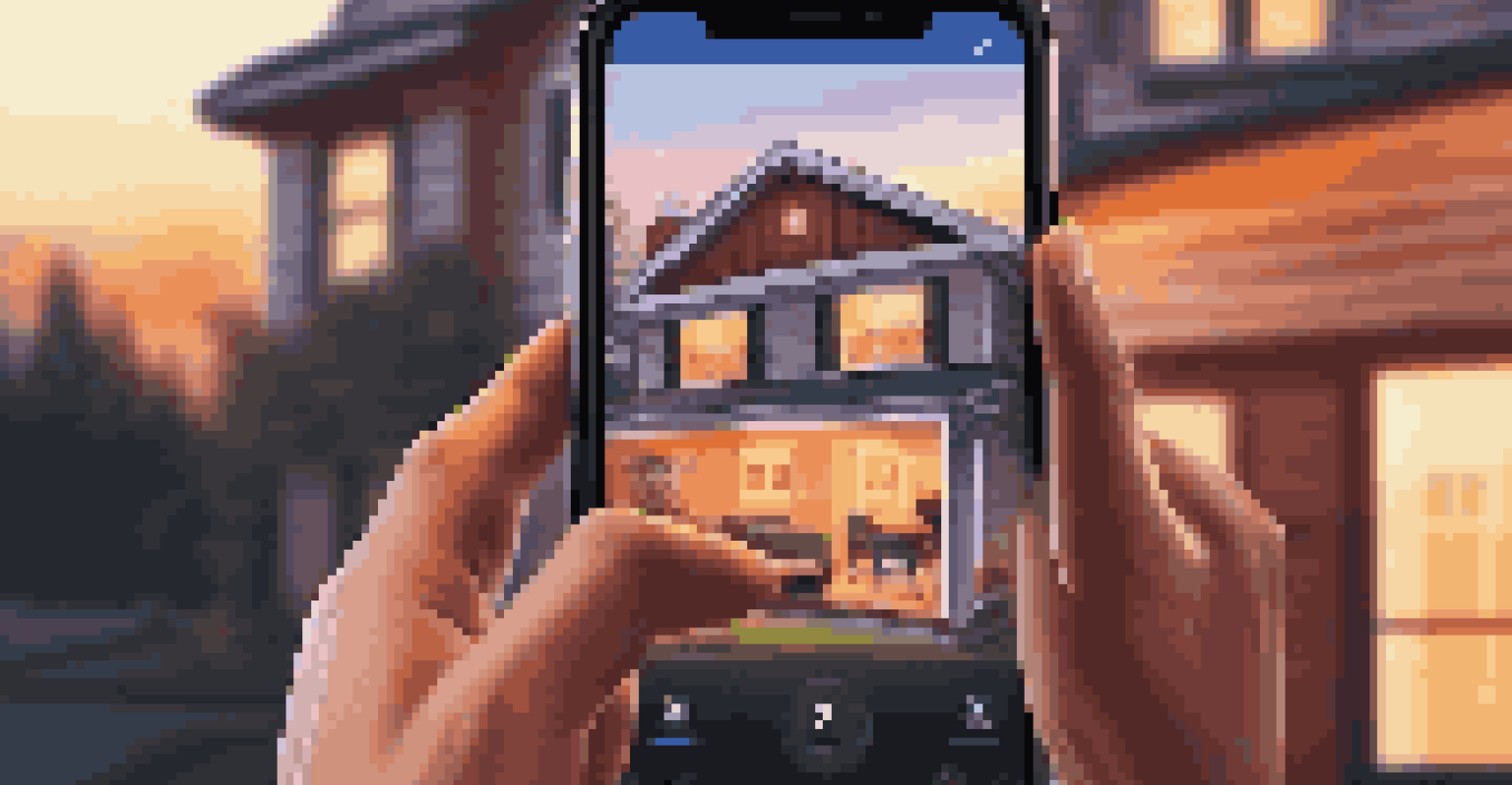A hand using a smart home security app on a smartphone, with a cozy house in the background at dusk.