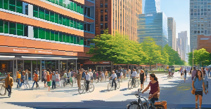 A lively urban employment center with tall buildings, people walking, and green parks under a bright sun.