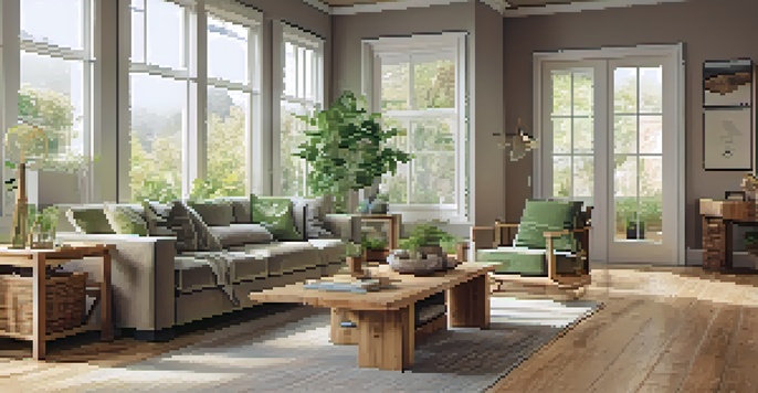 A bright living room with bamboo flooring and reclaimed wood furniture, surrounded by plants and natural light.