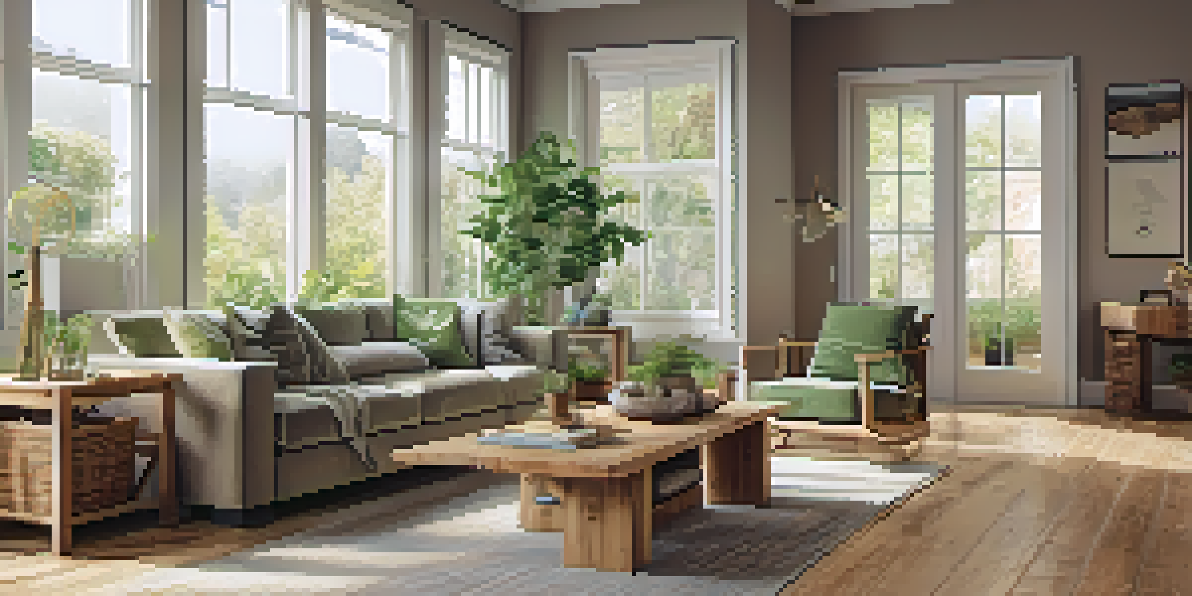 A bright living room with bamboo flooring and reclaimed wood furniture, surrounded by plants and natural light.