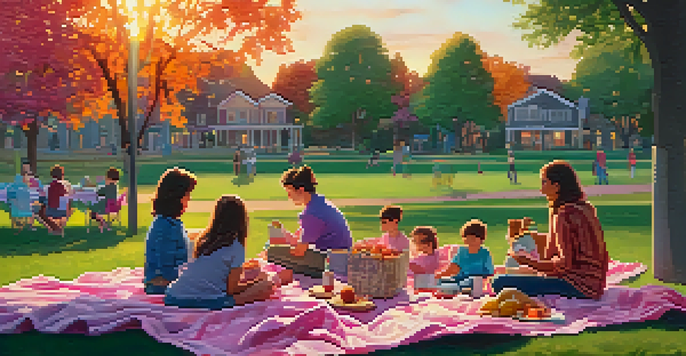 A picturesque community park with families having a picnic during sunset, surrounded by trees and a colorful sky.