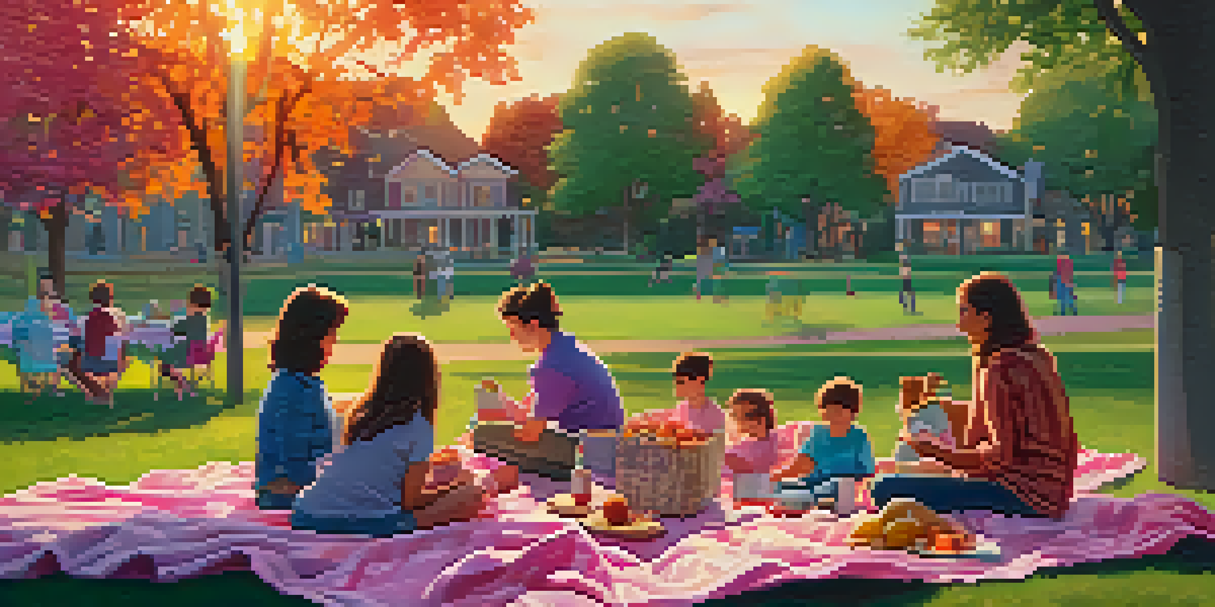 A picturesque community park with families having a picnic during sunset, surrounded by trees and a colorful sky.