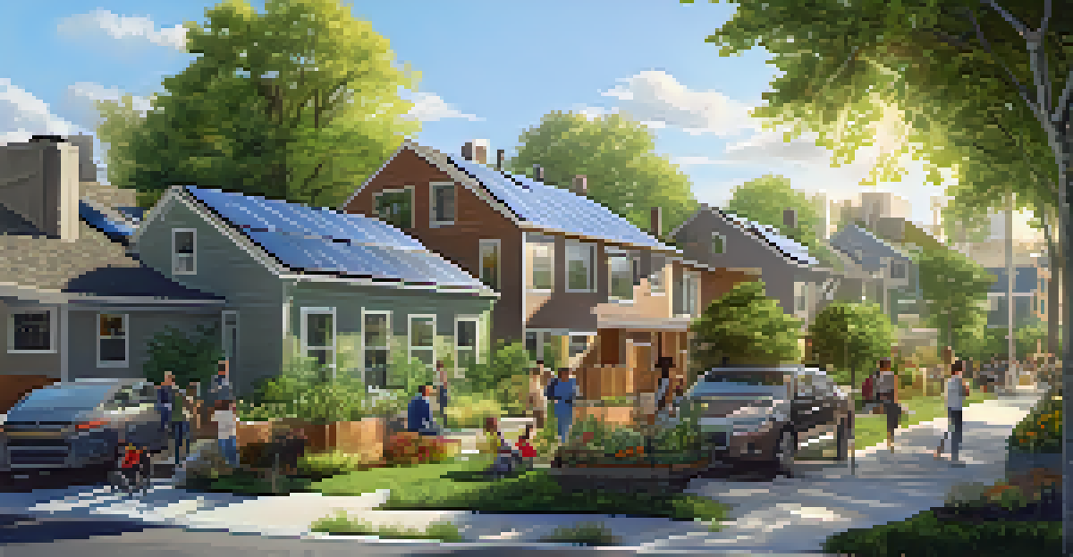 An urban neighborhood with energy-efficient homes featuring solar panels and green roofs, highlighting sustainable living.