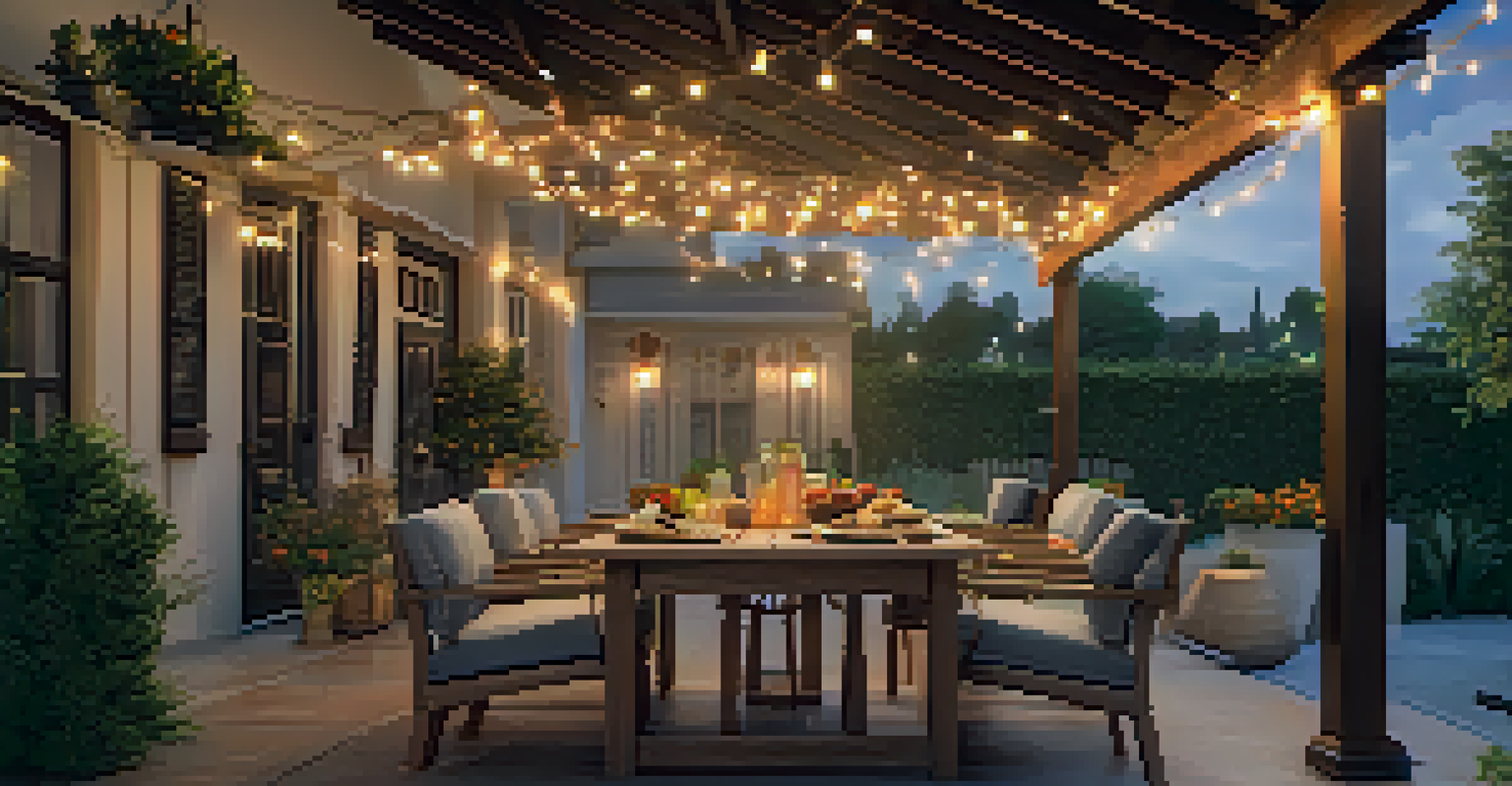 An outdoor patio with a wooden table and refreshments, elegantly set up for a virtual tour presentation under fairy lights.
