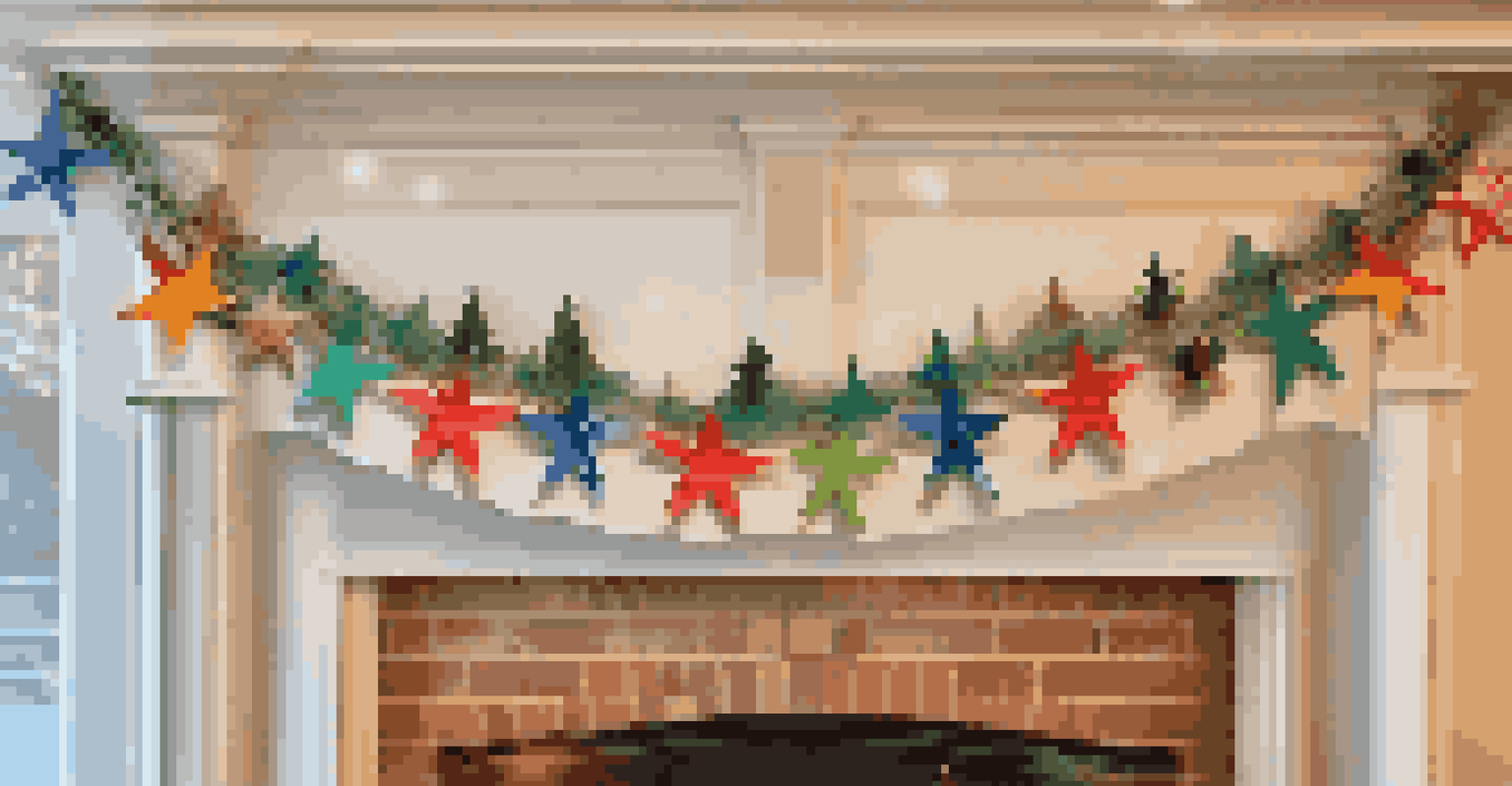 A colorful paper garland of stars and snowflakes hanging above a mantel decorated with lights and greenery.