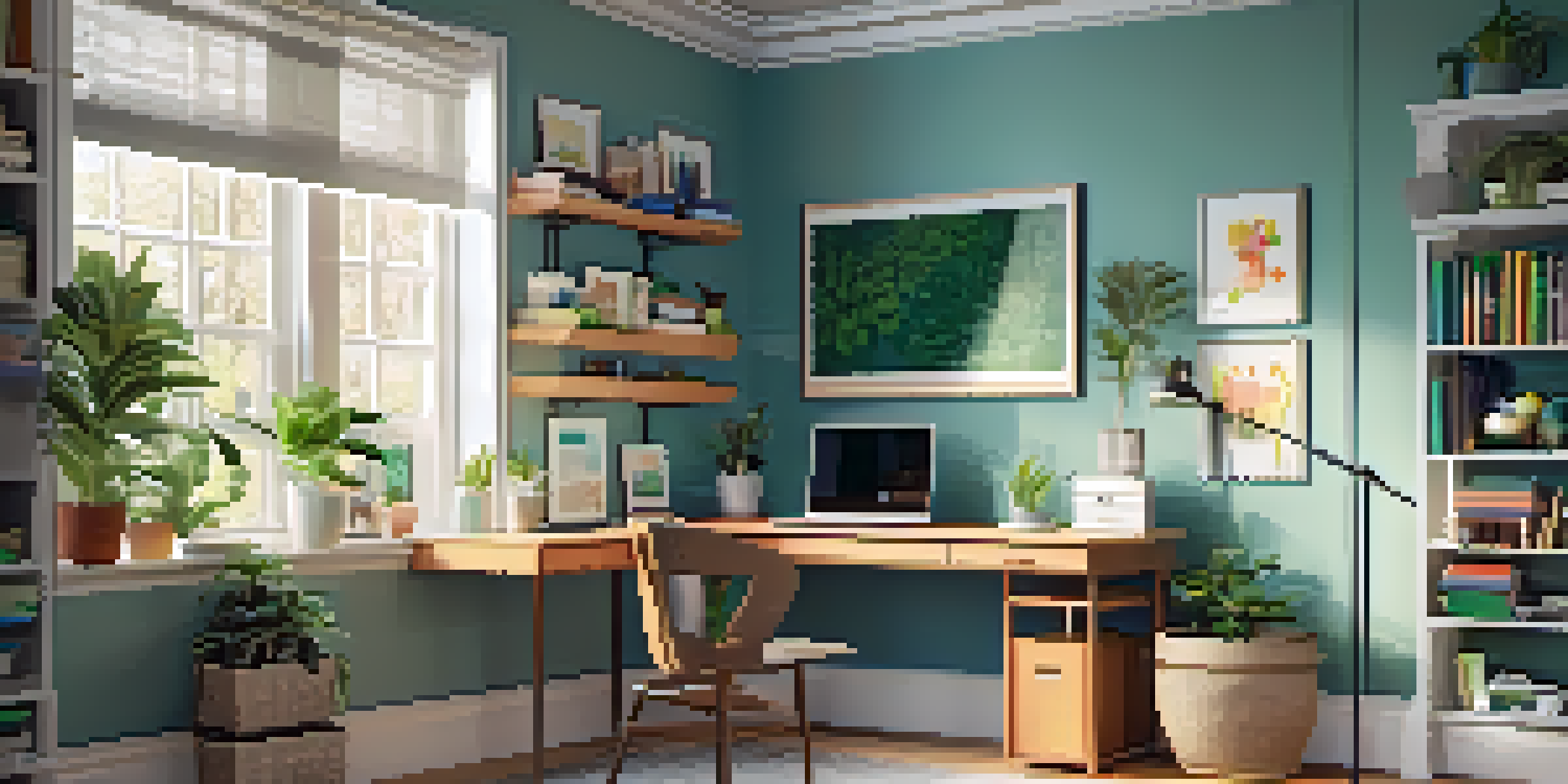 A corner office with an L-shaped desk, plants, and natural light, designed for productivity.