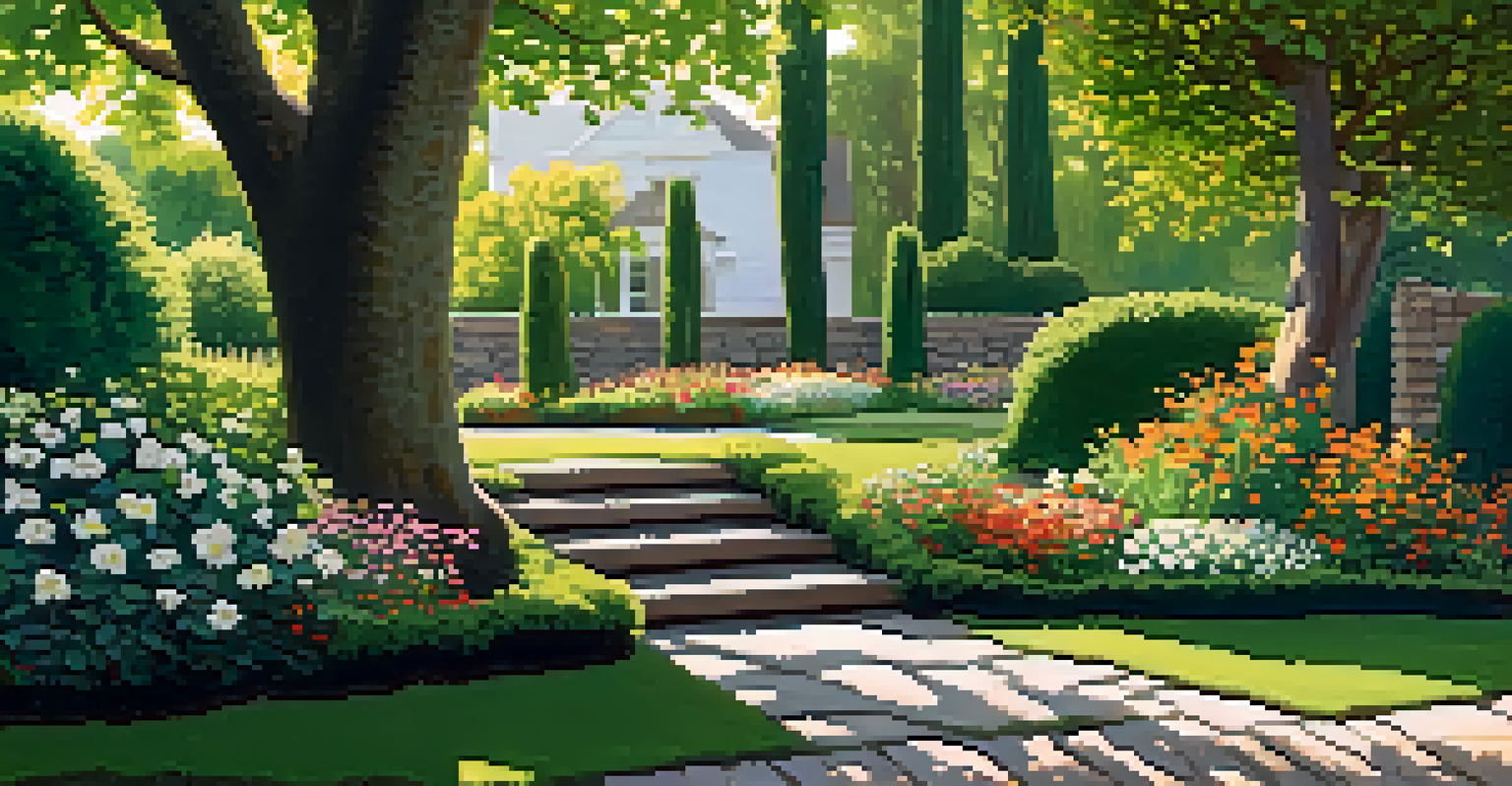A beautiful outdoor garden with blooming flowers, green hedges, a wooden bench under a tree, and a stone path, with sunlight filtering through the leaves.