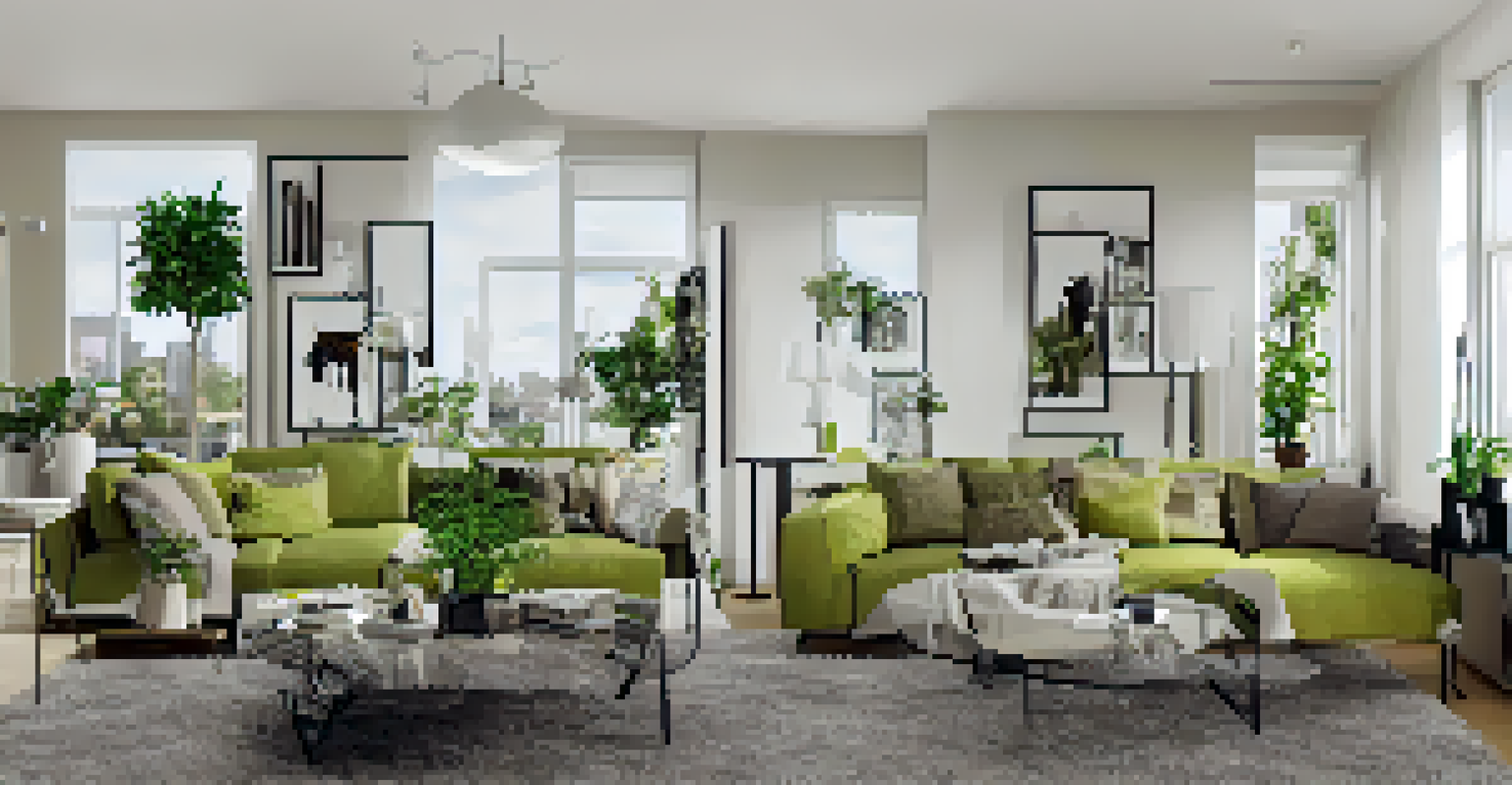 A modern apartment living room with contemporary furniture, large windows, and a warm color scheme.