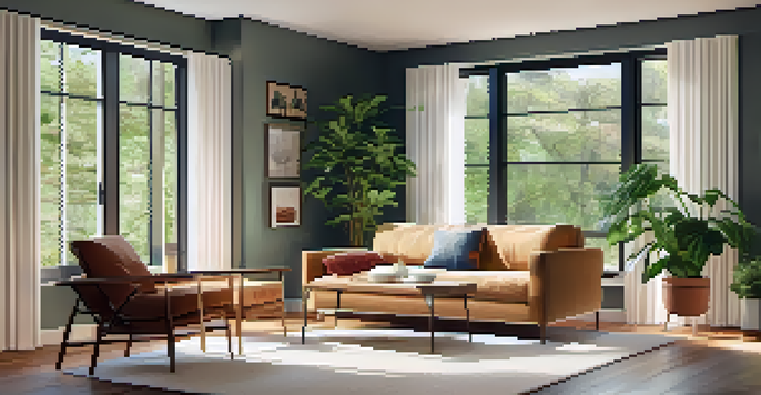 A spacious and inviting living room designed for accessibility, with a comfortable sofa, non-slip flooring, and large windows letting in natural light.