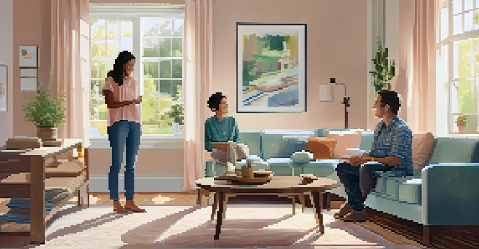 A bright and inviting living room featuring modern renovations, with a family enjoying their time together in a safe environment.