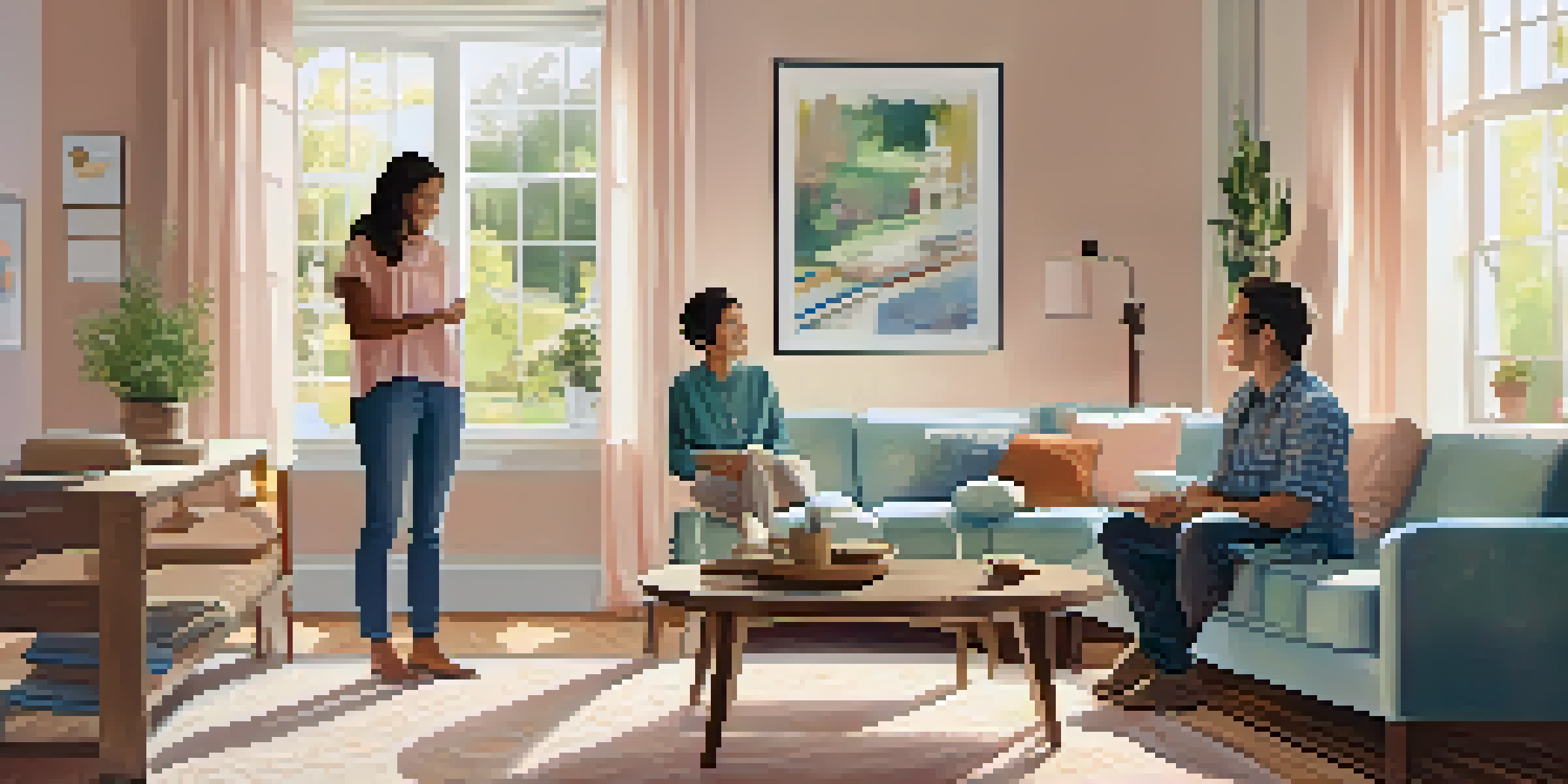 A bright and inviting living room featuring modern renovations, with a family enjoying their time together in a safe environment.