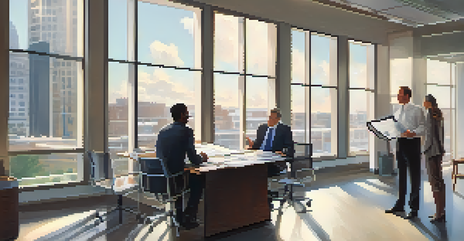 A contractor and a client discussing safety protocols in a bright office, with safety guidelines and documents on the table.
