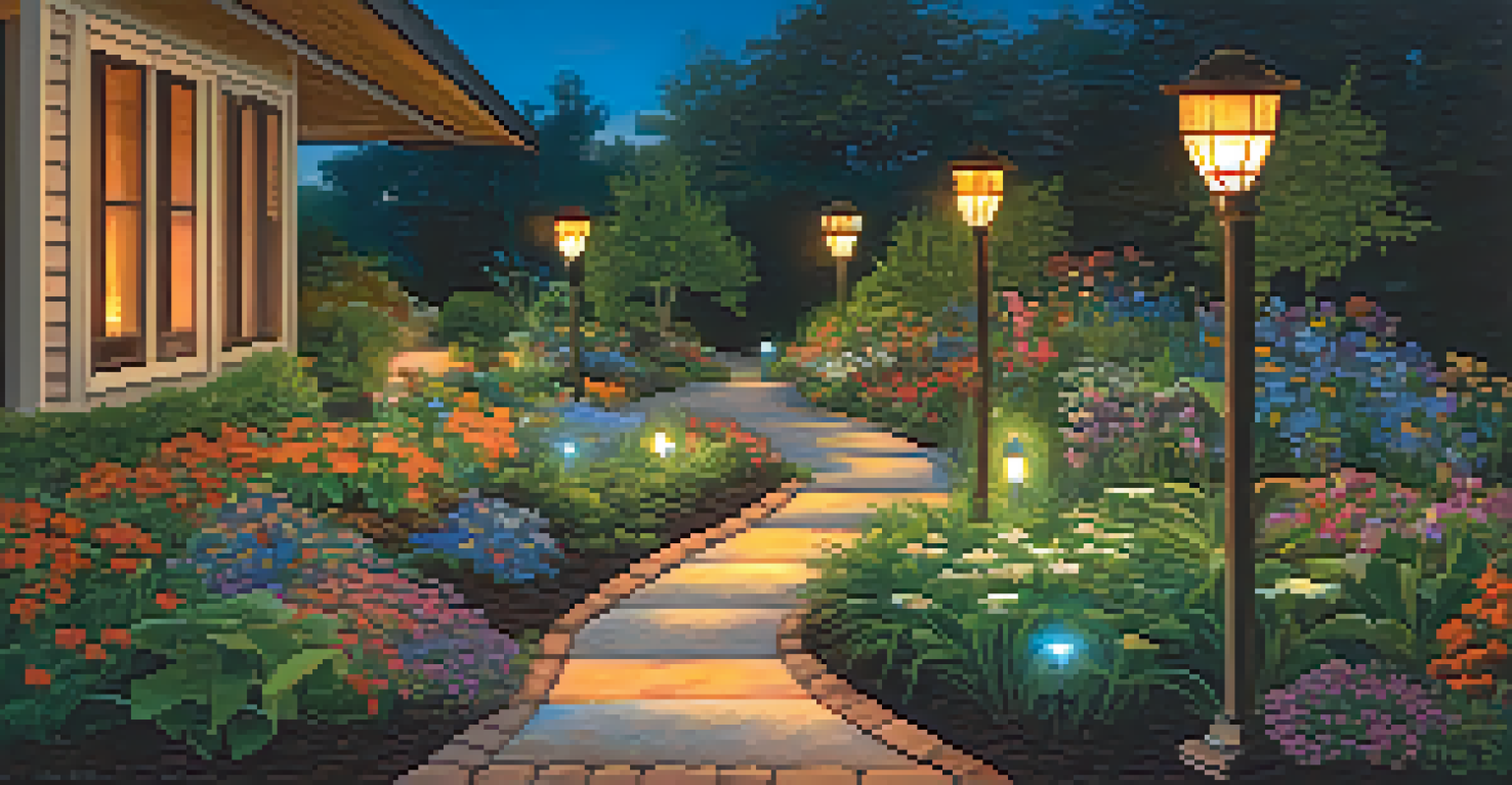 A garden at dusk with solar-powered lights illuminating the pathways among flowers and greenery.