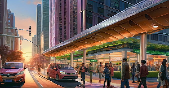 A vibrant urban street at sunset, featuring smart traffic lights, people using smartphones, electric buses charging, and buildings with solar panels amidst a colorful sky.