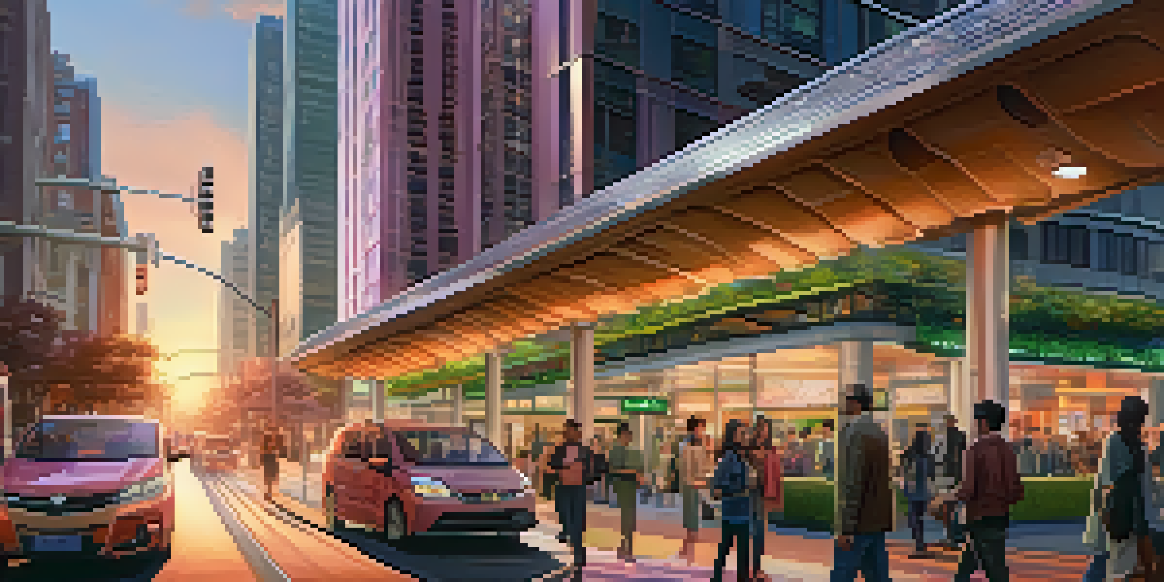 A vibrant urban street at sunset, featuring smart traffic lights, people using smartphones, electric buses charging, and buildings with solar panels amidst a colorful sky.