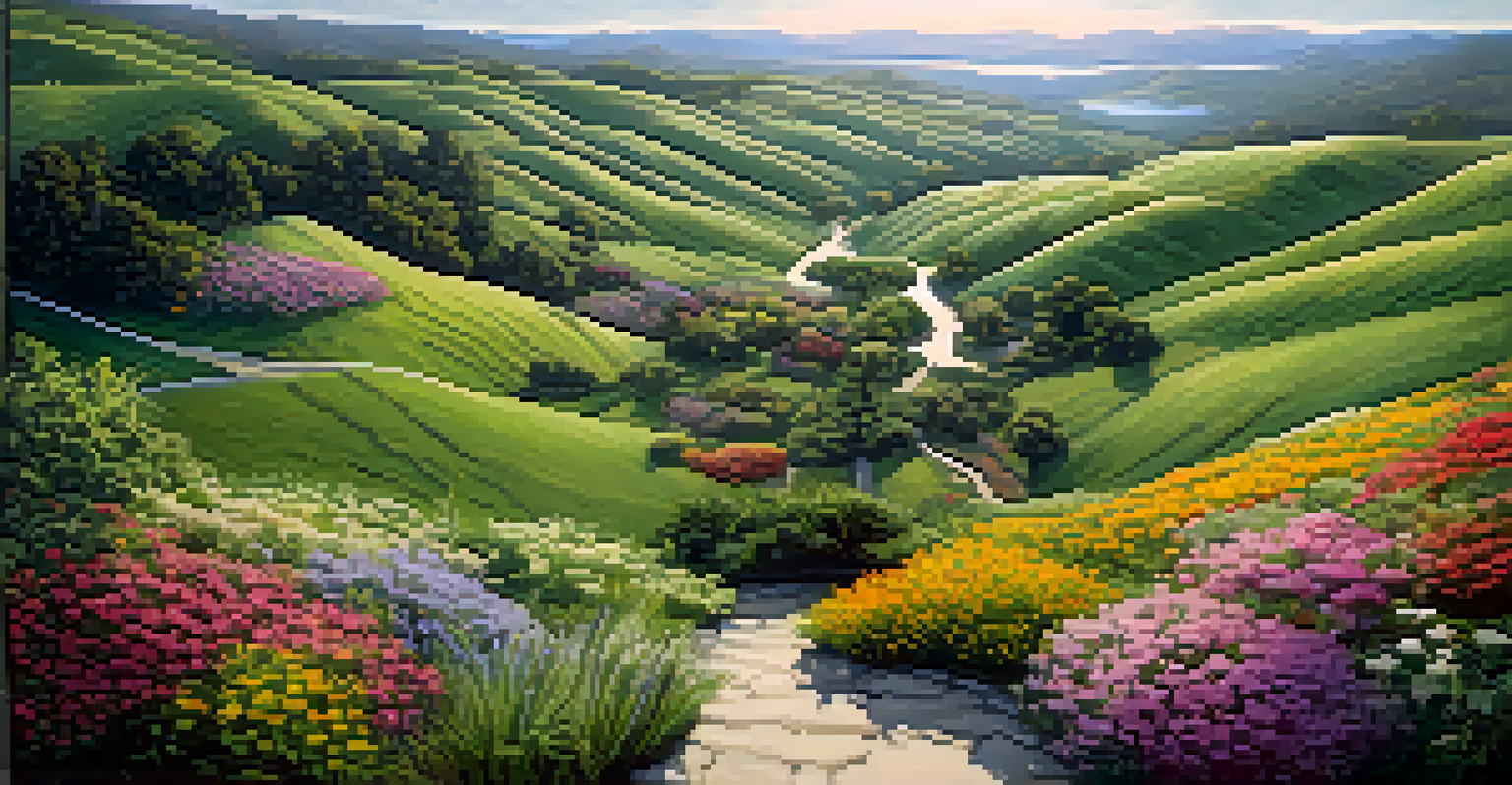 An aerial view of a contoured landscape with sloping hills, featuring a variety of plants and colorful flowers.