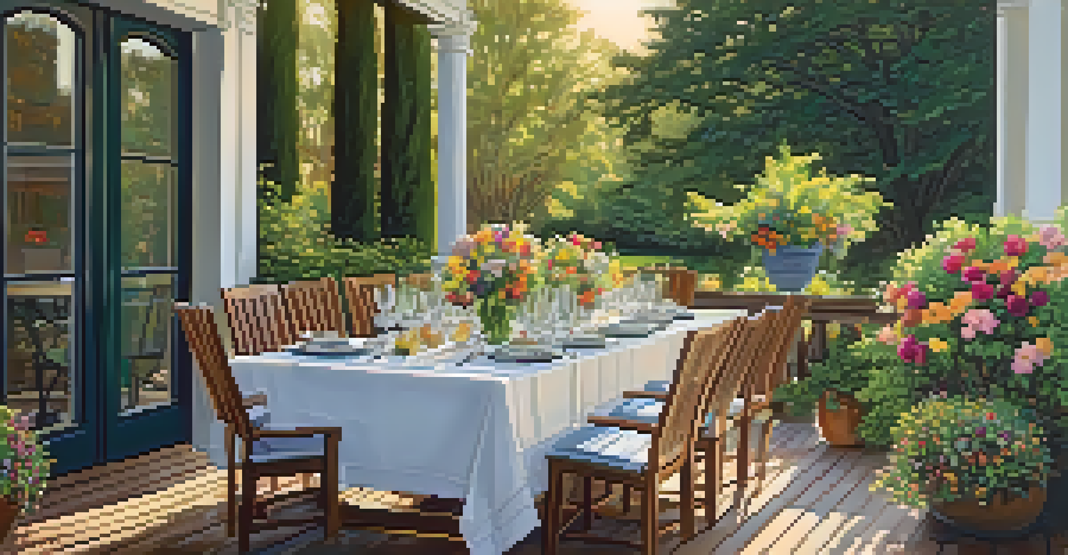 A stylish outdoor dining setup on a deck with a long table and colorful decorations, surrounded by a garden.