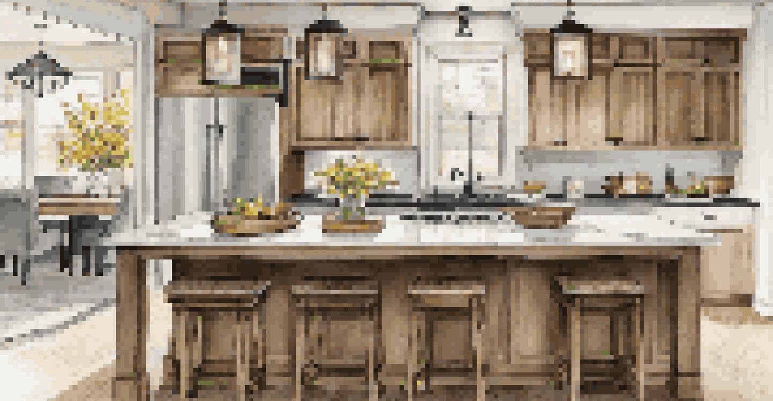 A stylish kitchen with an island, marble countertops, and wooden cabinets, highlighted by bright pendant lights and flowers.