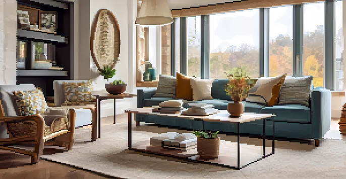 A cozy living room with a sectional sofa, large windows, and warm lighting, showcasing a harmonious arrangement of furniture.